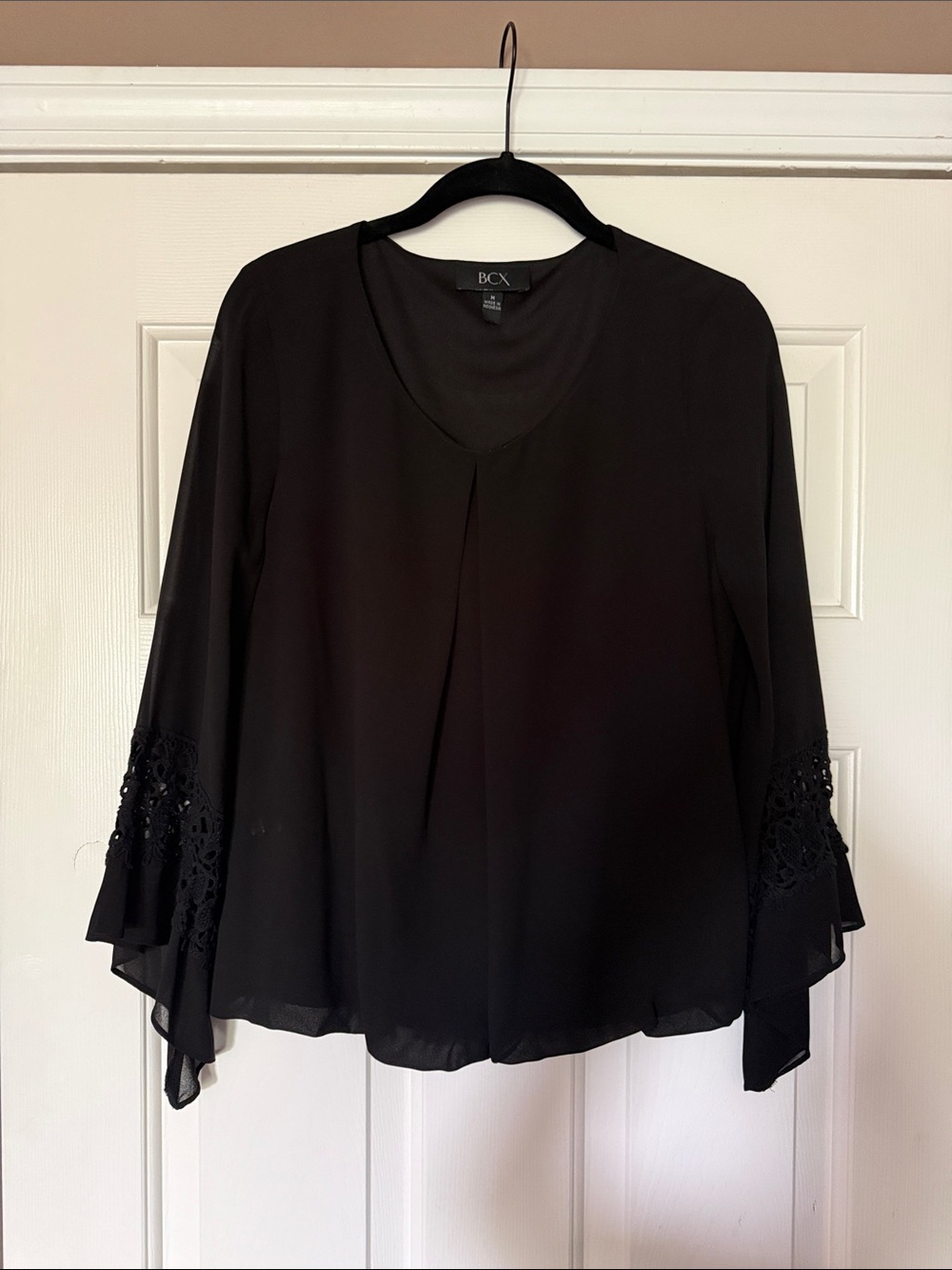 BCX Black V-Neck Flutter Sleeve Top with Lace Detail